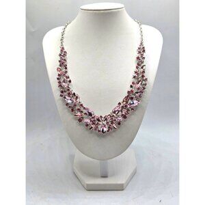 Pink Rhinestone Statement Necklace With Silver-Tone Chain